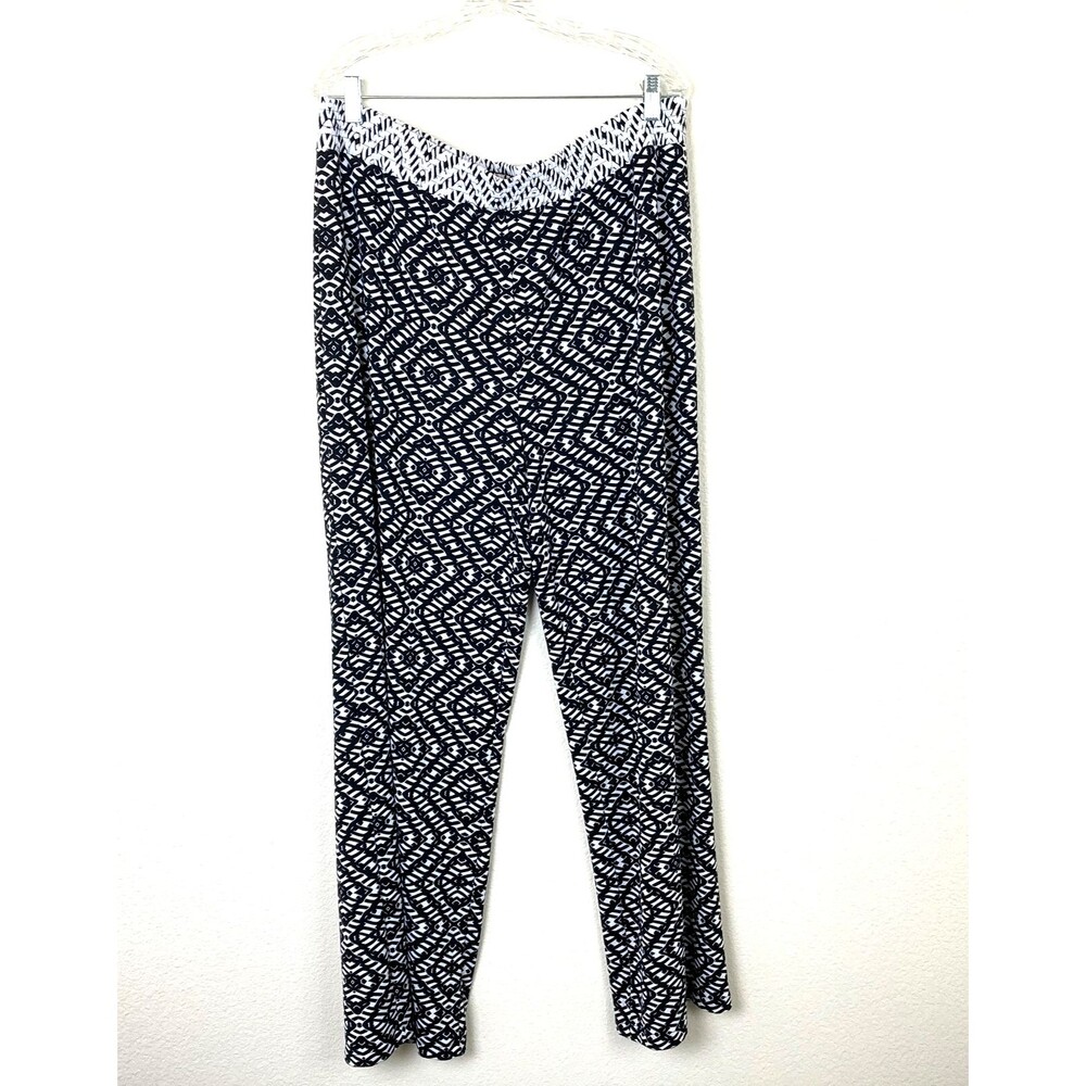 Roz & Ali Women's Straight-Wide Pants Size XL Black White Geometric Stretch